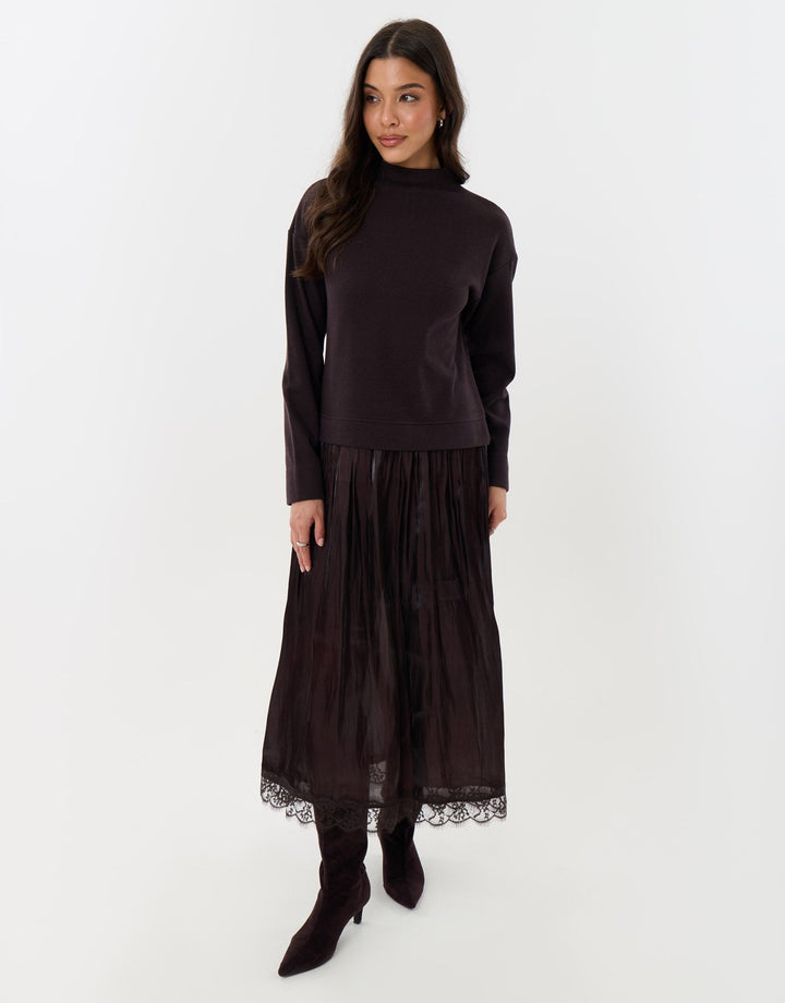 Midaxi Jumper Dress with Crinkle Satin Skirt in Chocolate Brown