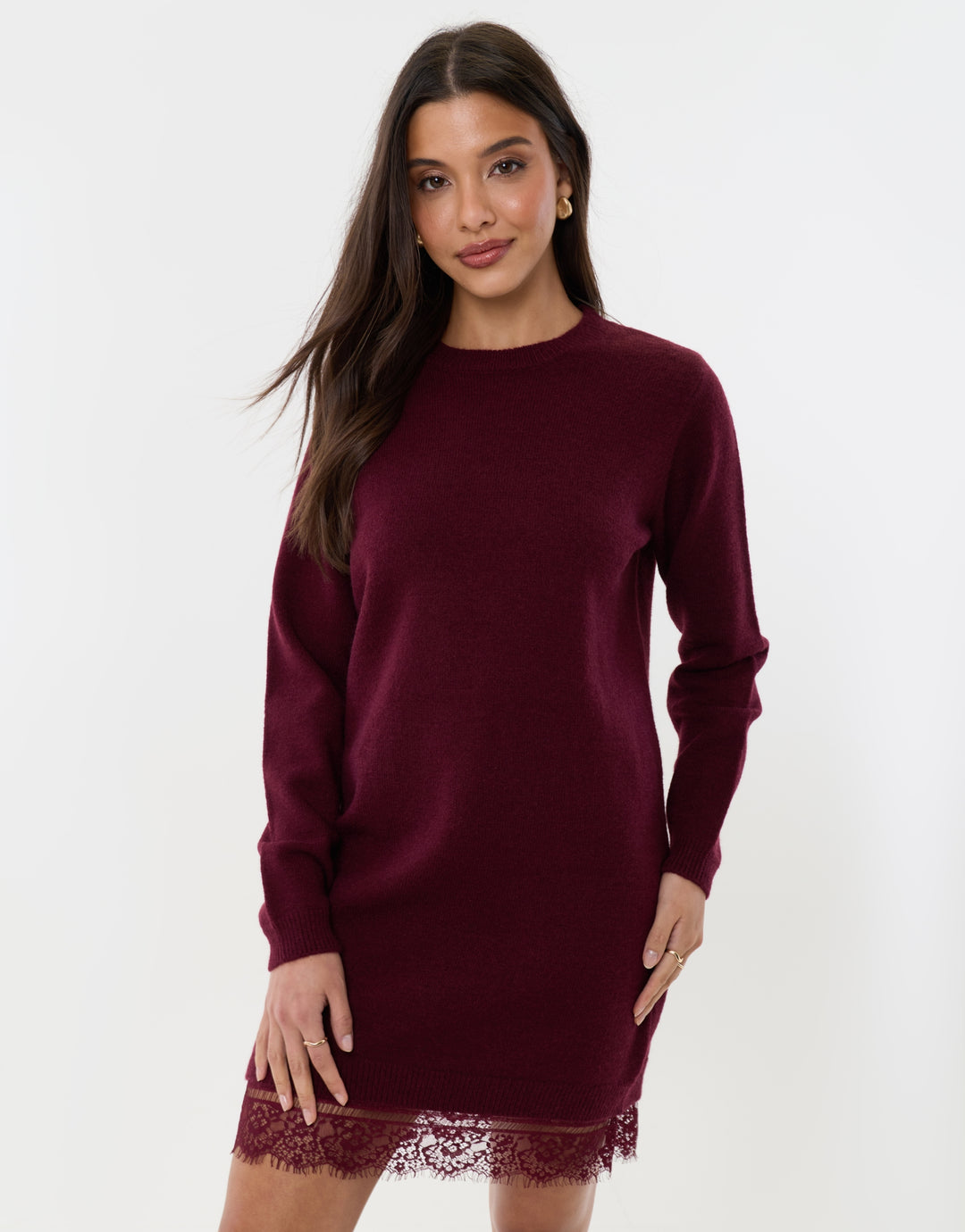 Lace Trim Hem Mini Jumper Dress in Burgundy