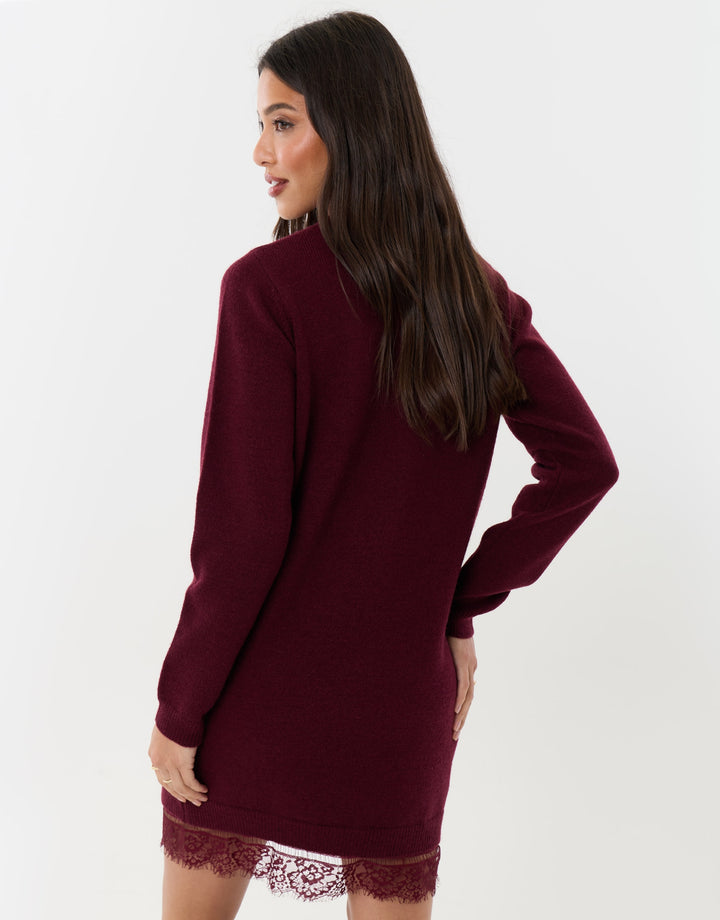 Lace Trim Hem Mini Jumper Dress in Burgundy