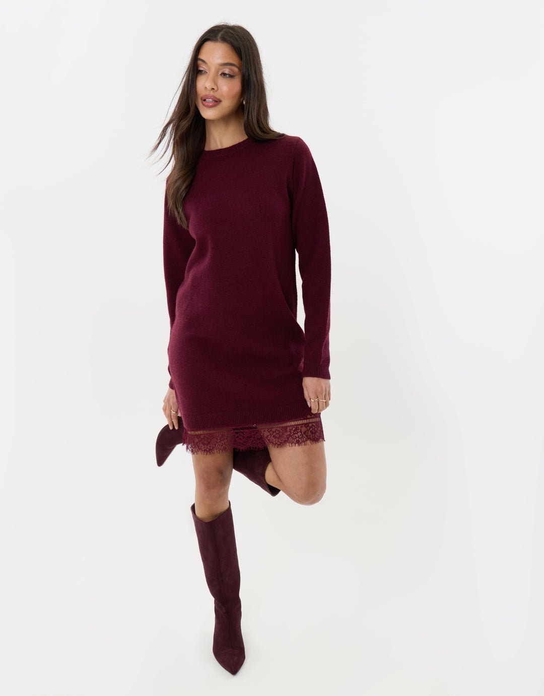 Lace Trim Hem Mini Jumper Dress in Burgundy