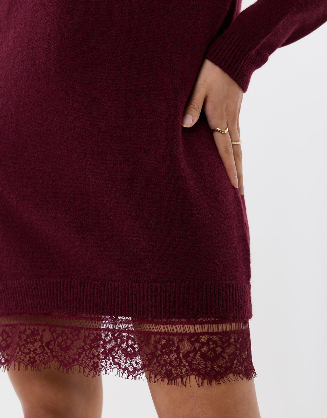 Lace Trim Hem Mini Jumper Dress in Burgundy