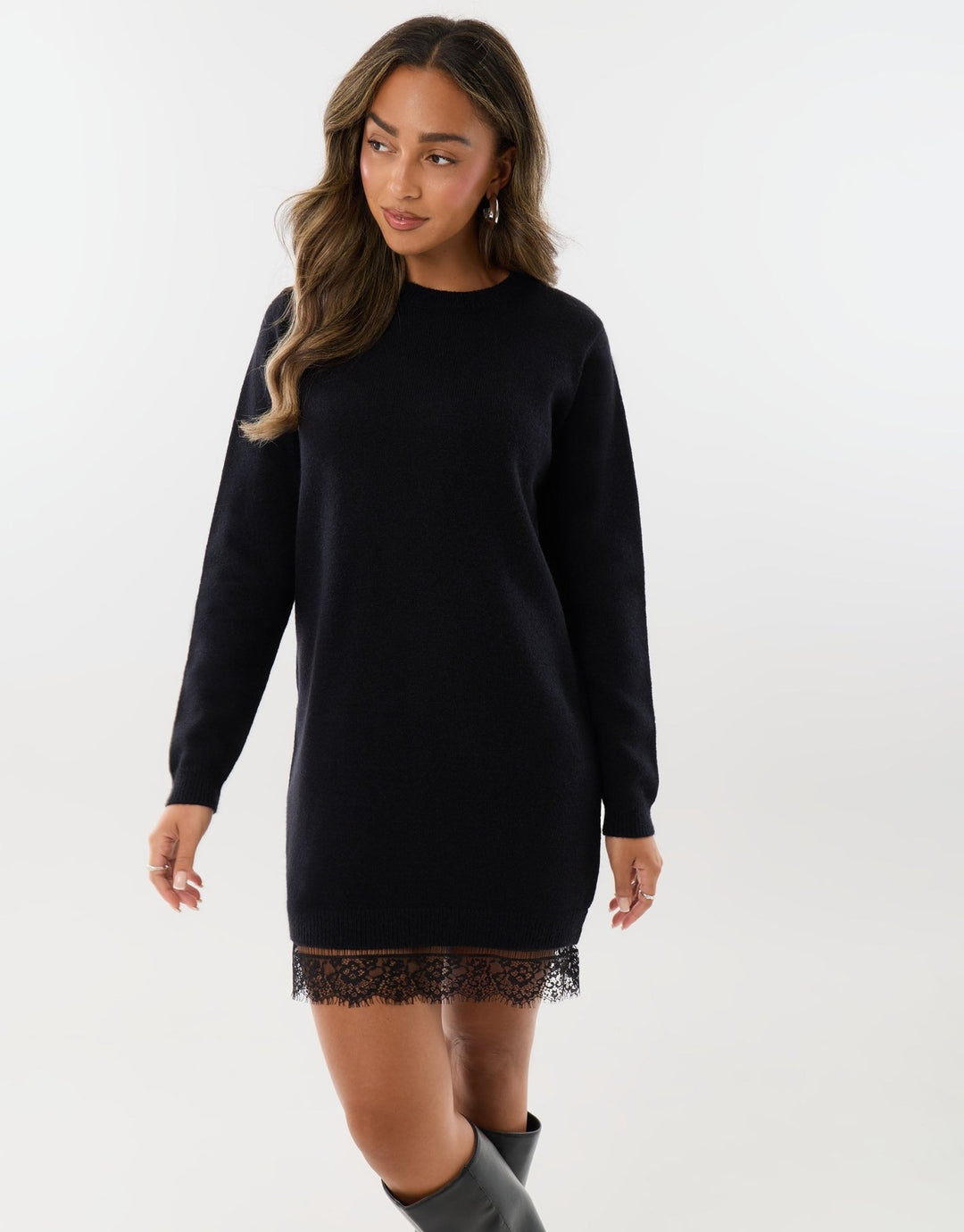 Lace Trim Hem Mini Jumper Dress in Black