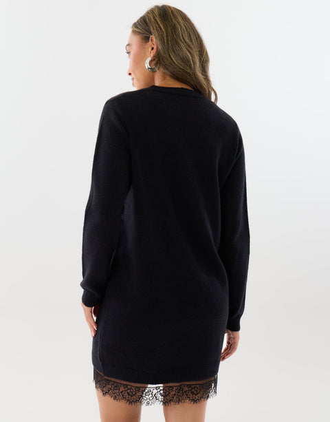 Threadbare Lace Trim Hem Mini Jumper Dress in Black - back view