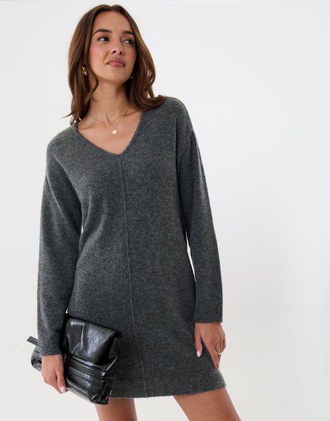 Threadbare Knitted V Neck Mini Dress in Charcoal Grey -  front view