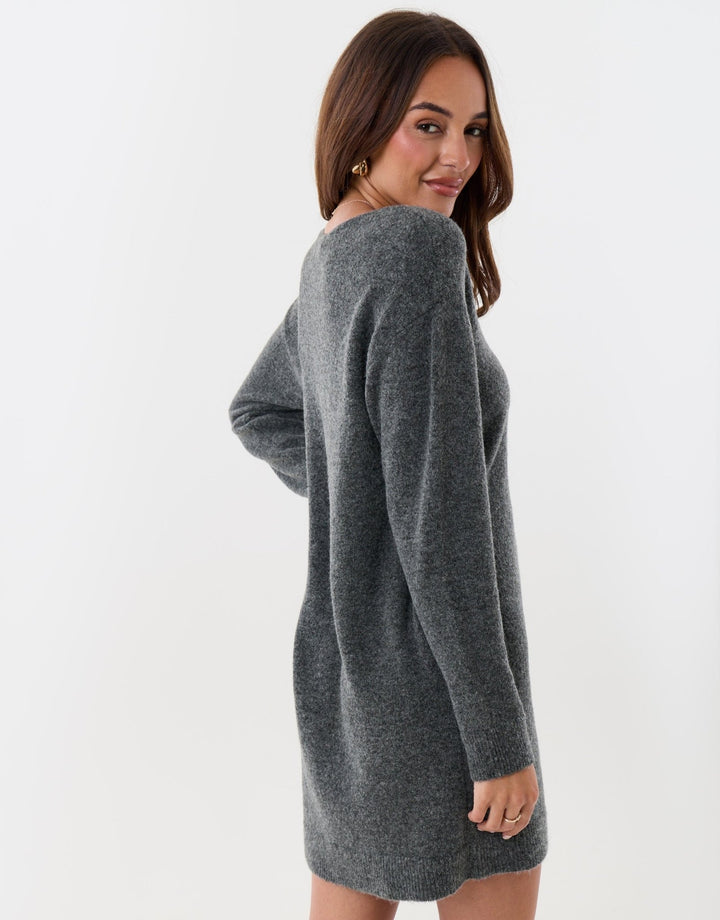 Threadbare Knitted V Neck Mini Dress in Charcoal Grey - back view