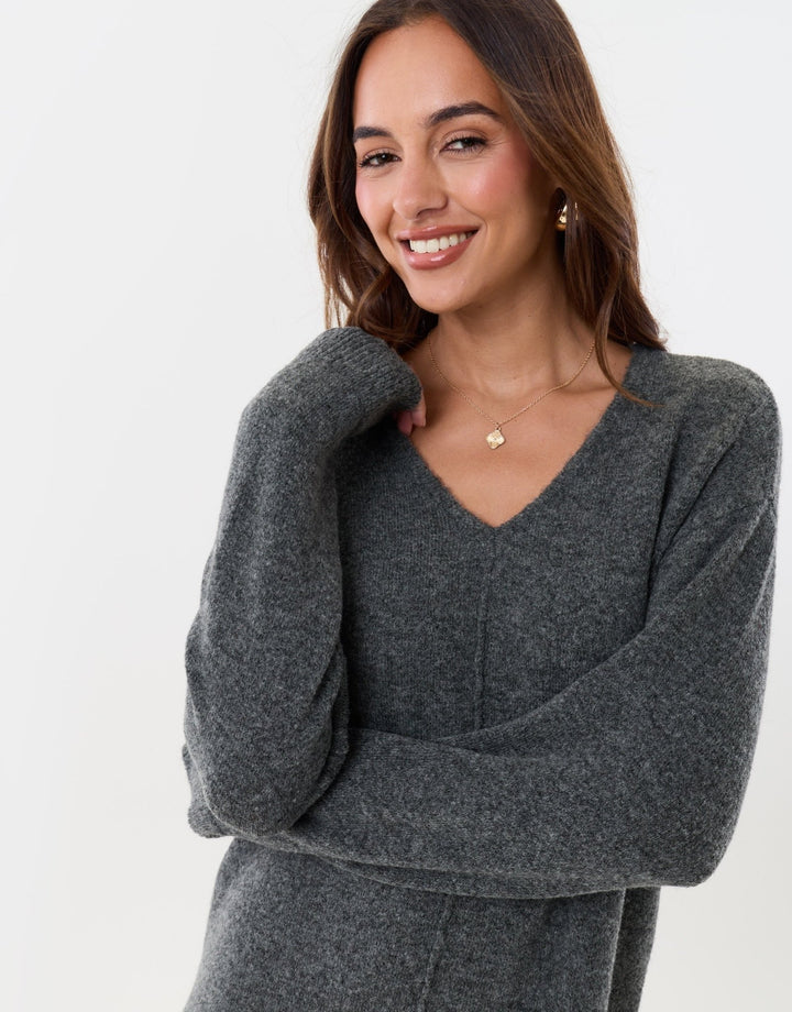 Threadbare Knitted V Neck Mini Dress in Charcoal Grey - close up