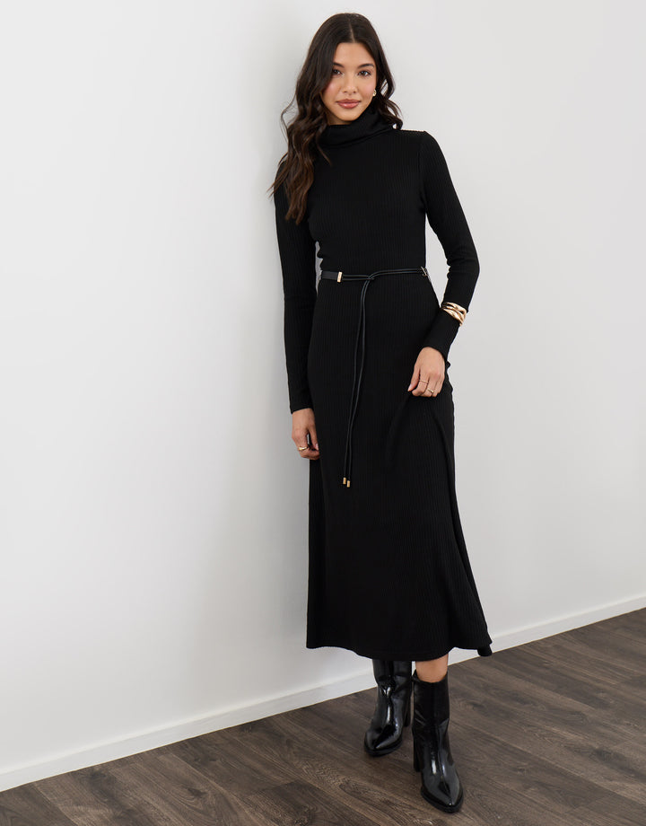 Petite Ribbed Roll Neck Maxi Dress with Belt in Black