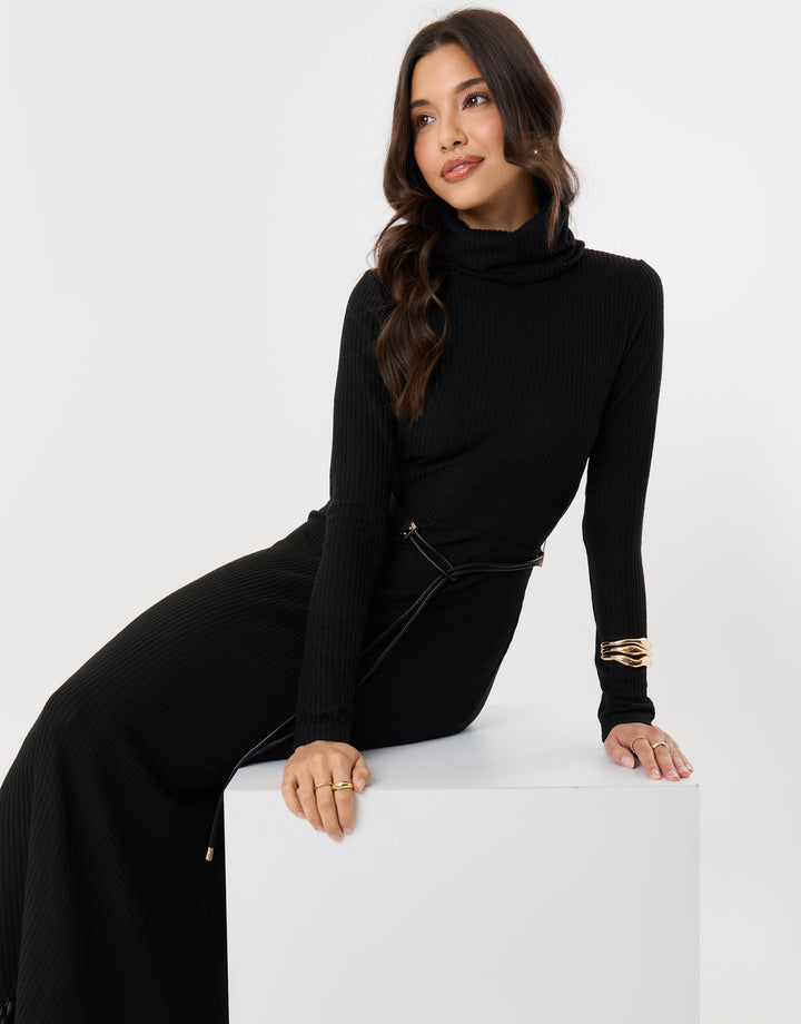 Ribbed Roll Neck Maxi Dress with Belt in Black