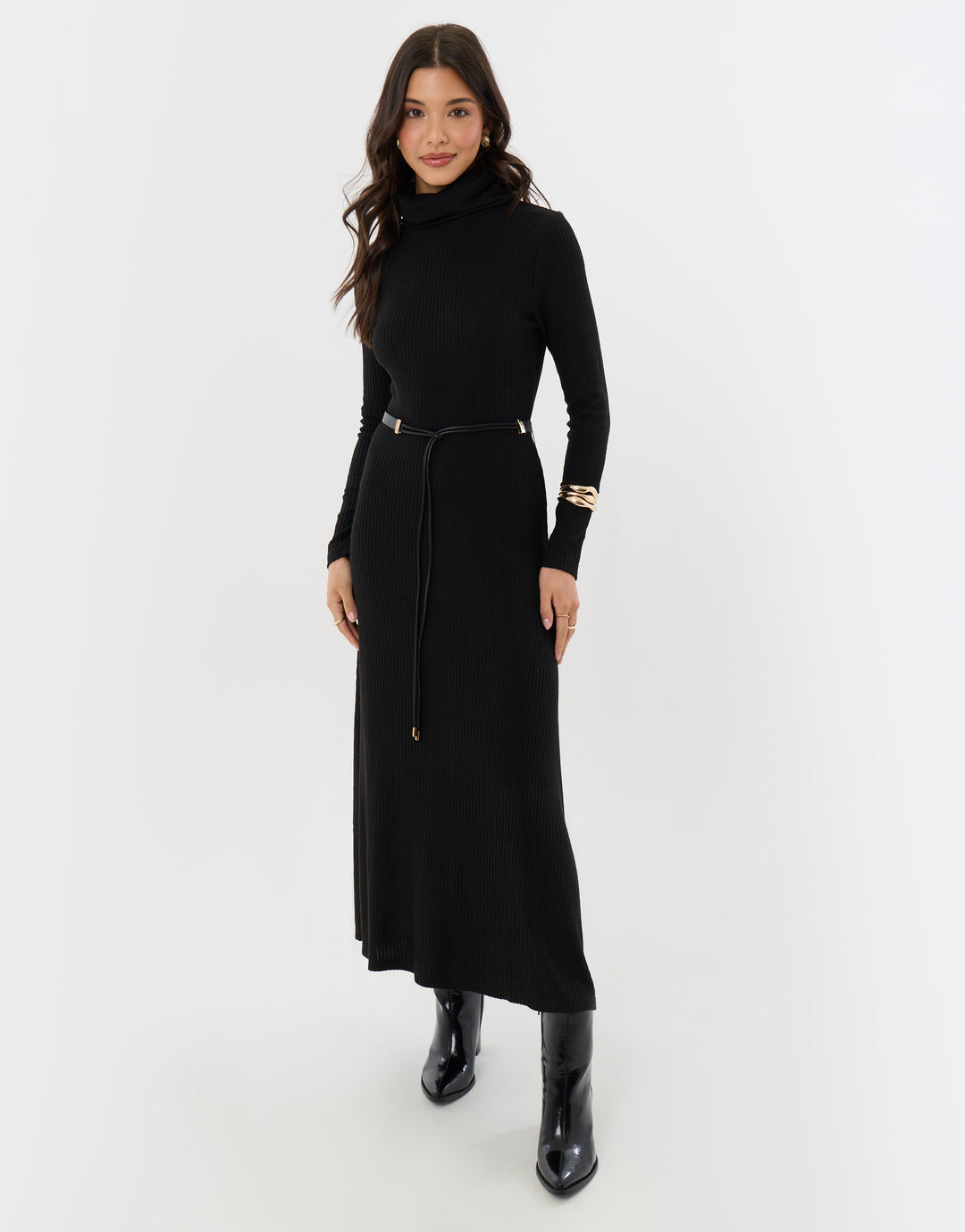 Ribbed Roll Neck Maxi Dress with Belt in Black