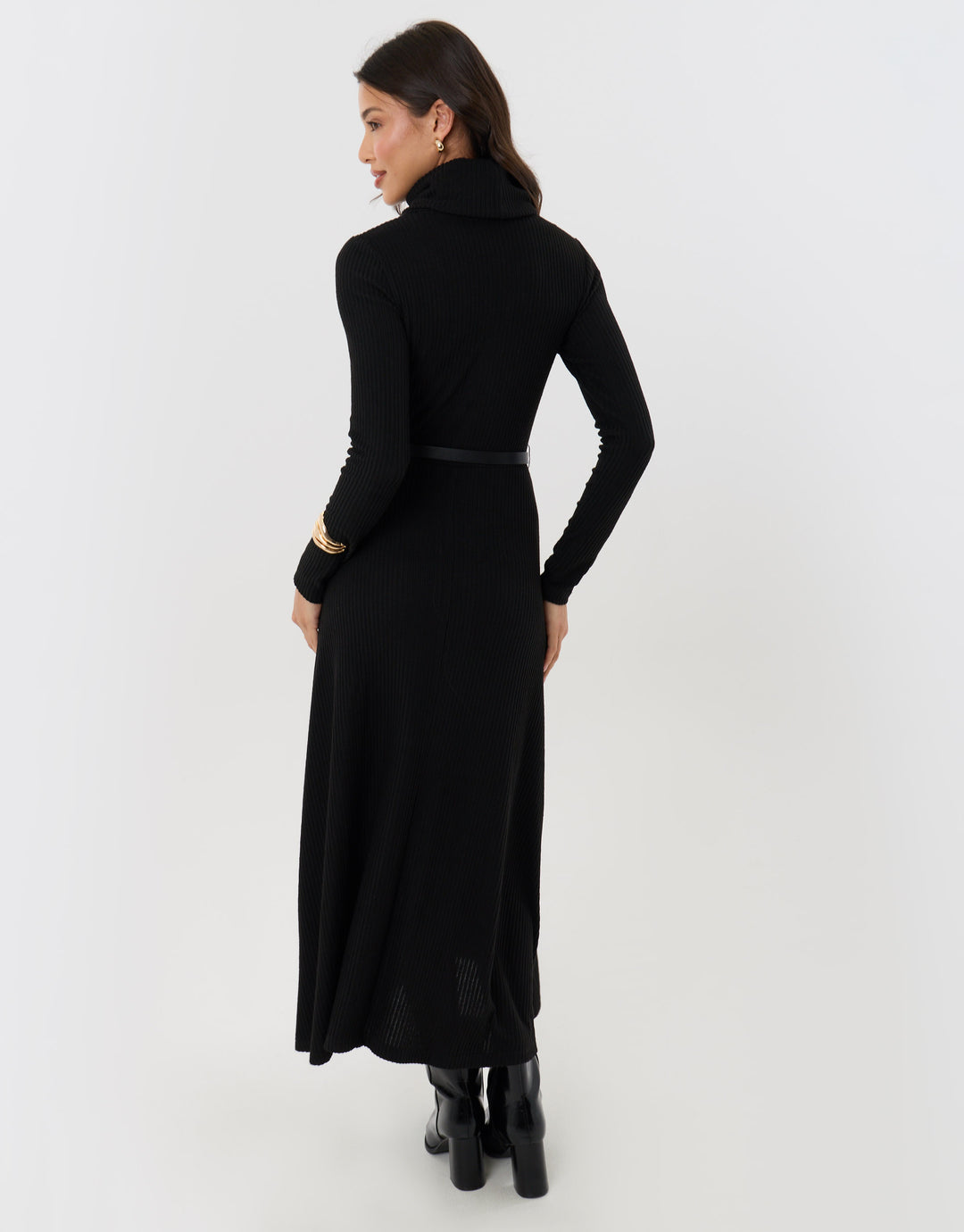 Ribbed Roll Neck Maxi Dress with Belt in Black