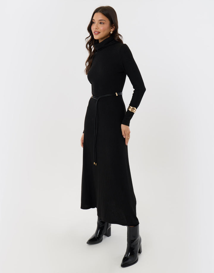 Ribbed Roll Neck Maxi Dress with Belt in Black