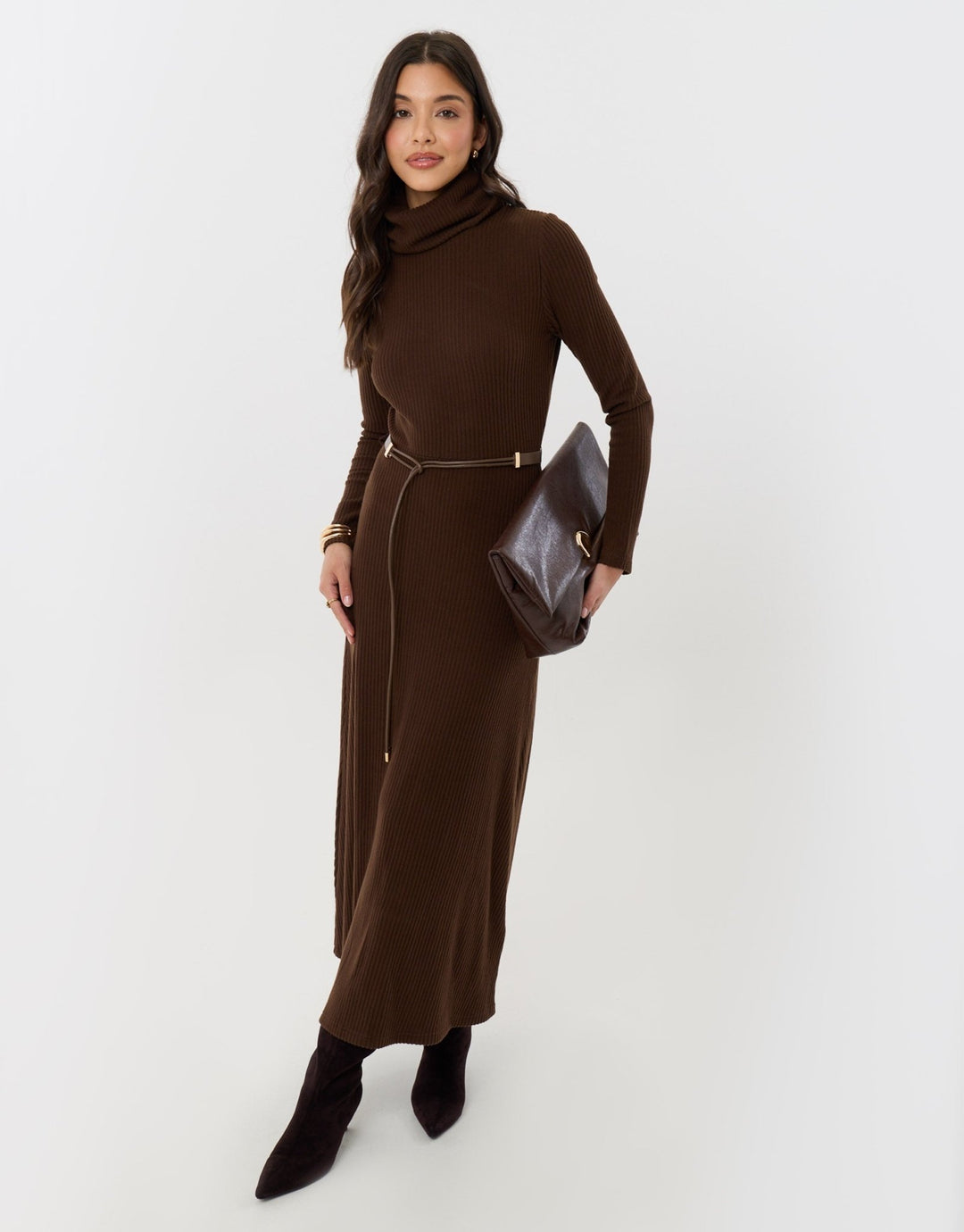 Ribbed Roll Neck Maxi Dress with Belt in Chocolate Brown