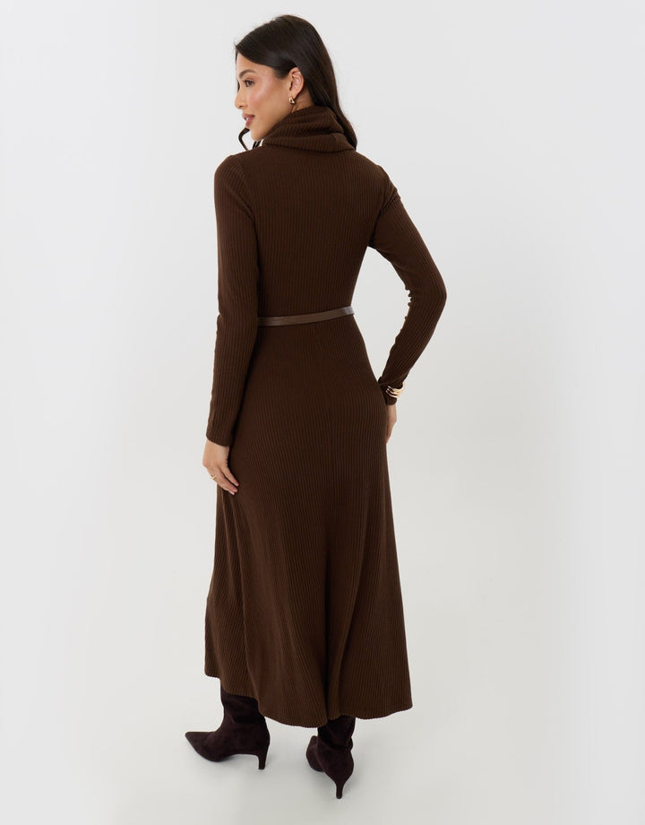 Ribbed Roll Neck Maxi Dress with Belt in Chocolate Brown