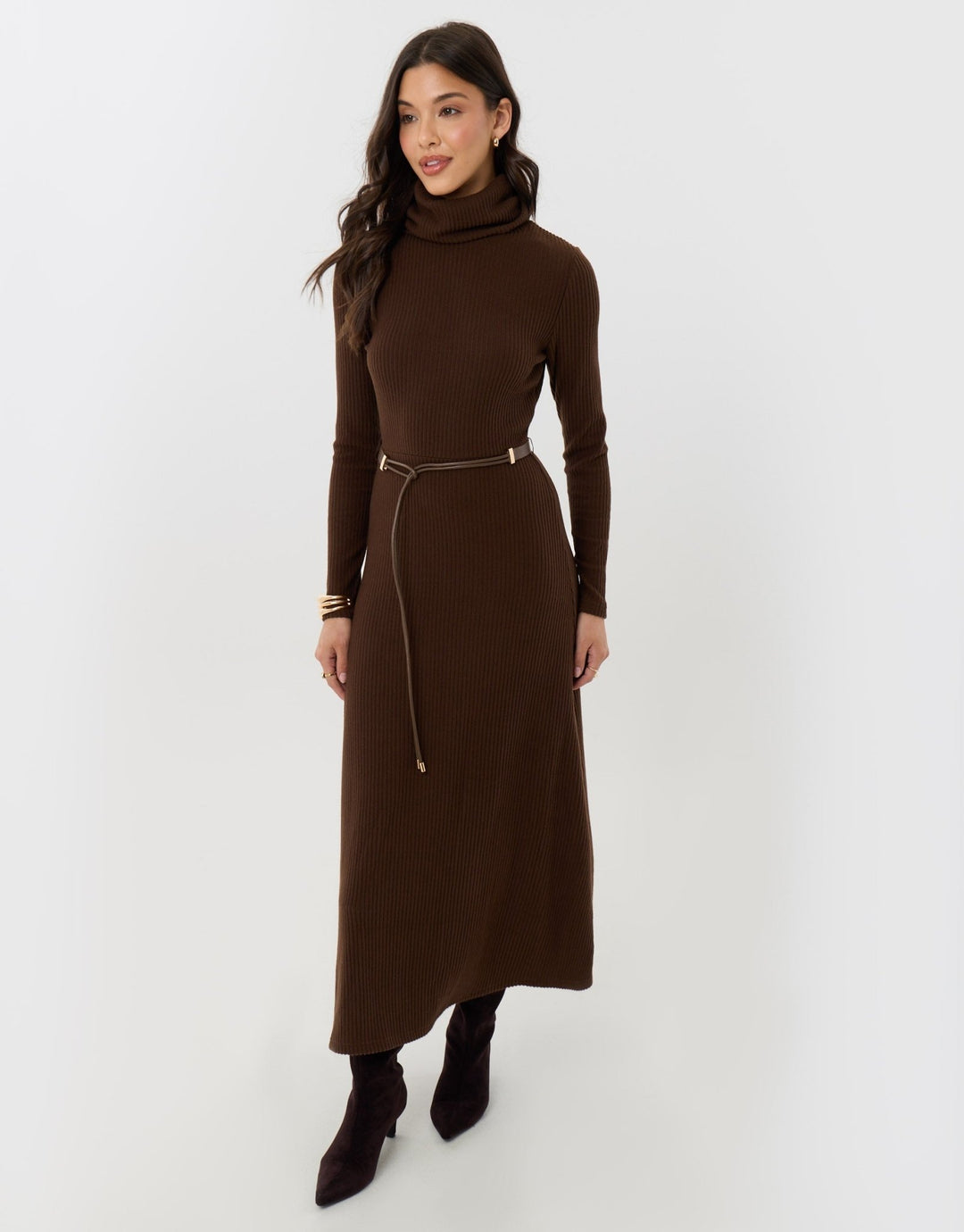 Ribbed Roll Neck Maxi Dress with Belt in Chocolate Brown