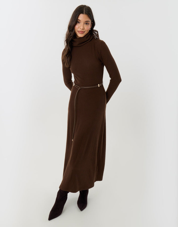 Ribbed Roll Neck Maxi Dress with Belt in Chocolate Brown