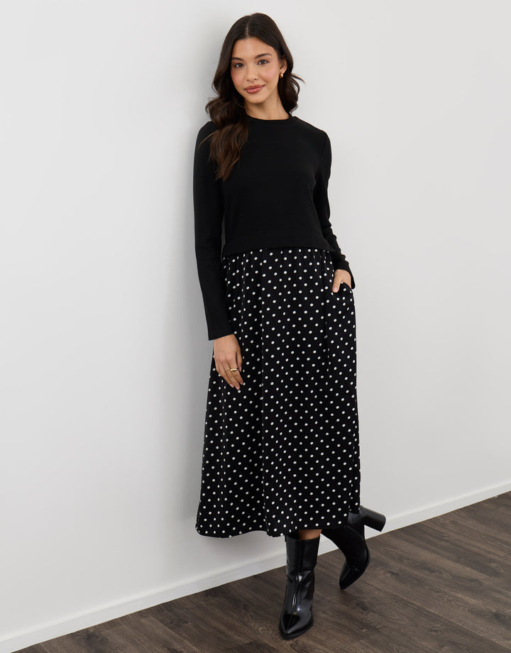 Petite 2 in 1 Long Sleeve Maxi Dress in Black Polka Dot