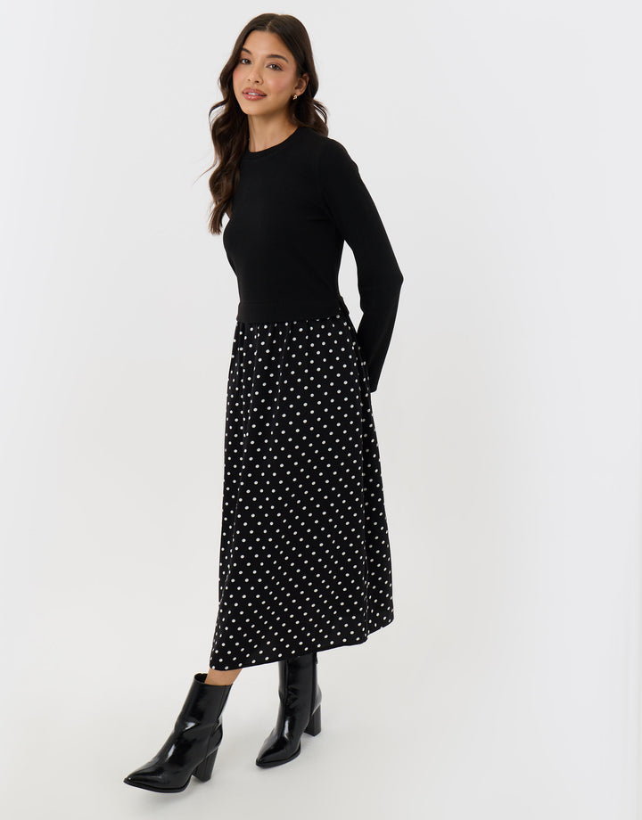 Petite 2 in 1 Long Sleeve Maxi Dress in Black Polka Dot