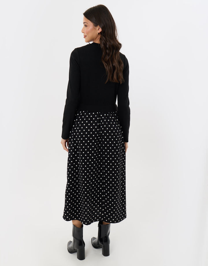 2 in 1 Long Sleeve Maxi Dress in Black Polka Dot