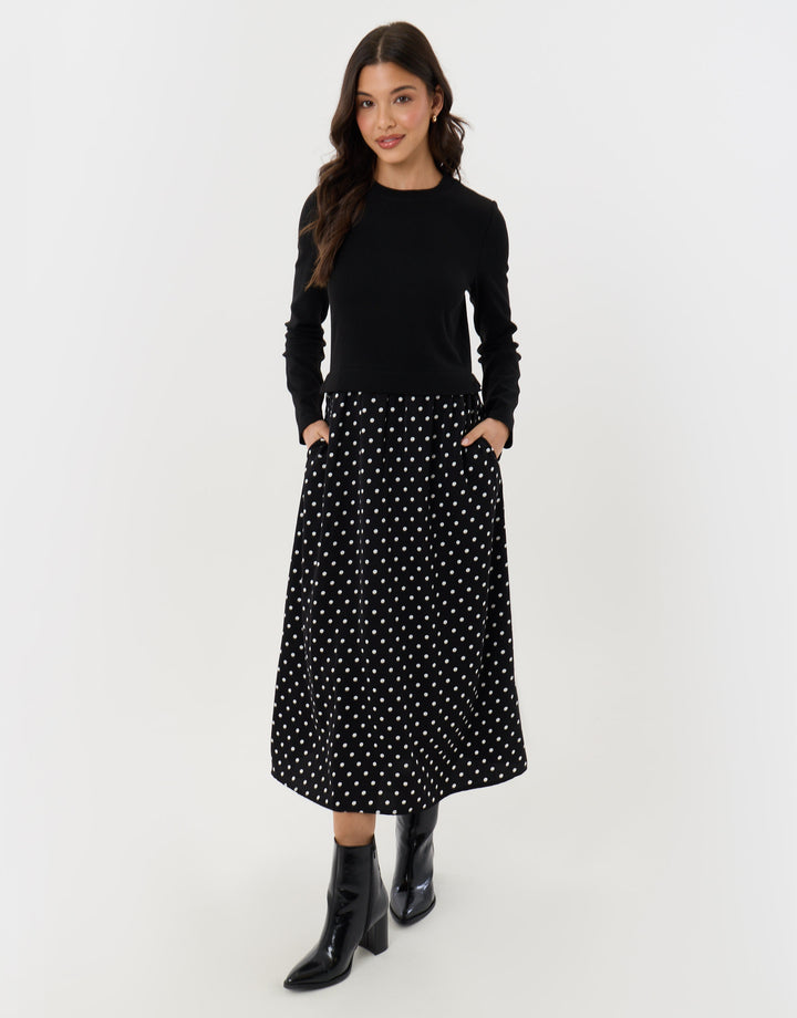 2 in 1 Long Sleeve Maxi Dress in Black Polka Dot