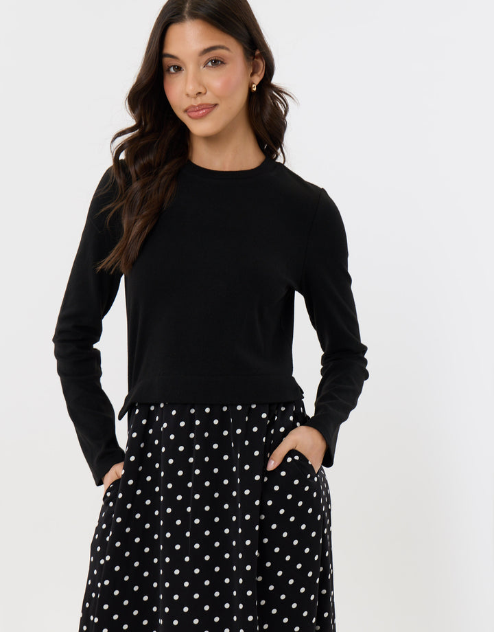 2 in 1 Long Sleeve Maxi Dress in Black Polka Dot