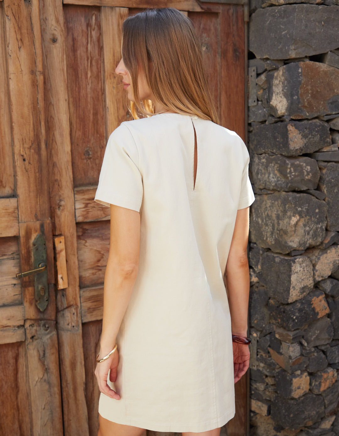 Ecru Short Sleeve Braid Detail Denim Mini Dress