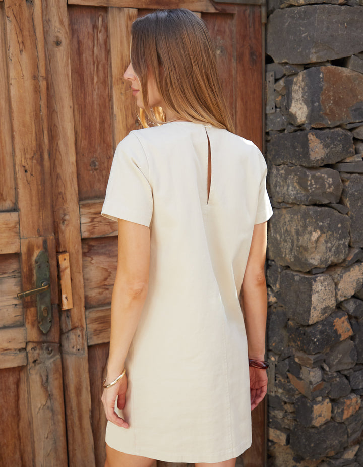 Ecru Short Sleeve Braid Detail Denim Mini Dress