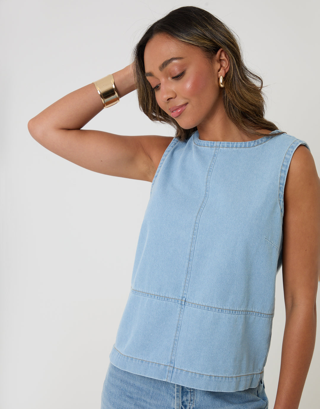 Threadbare Denim Tie-Back Shell Top in Light Wash - front close up view