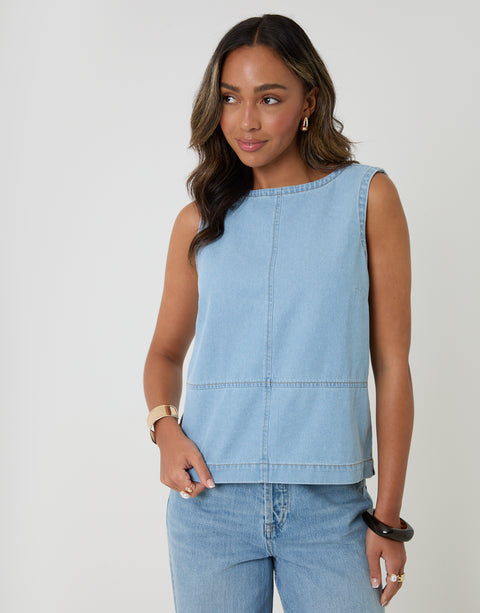 Threadbare Denim Tie-Back Shell Top in Light Wash - front view
