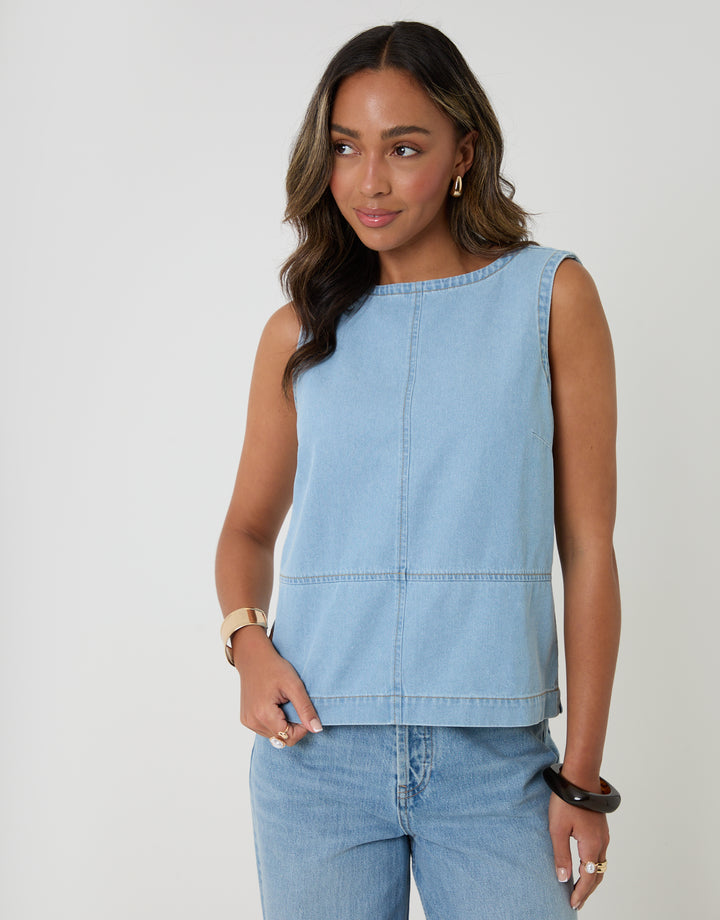 Threadbare Denim Tie-Back Shell Top in Light Wash - front view