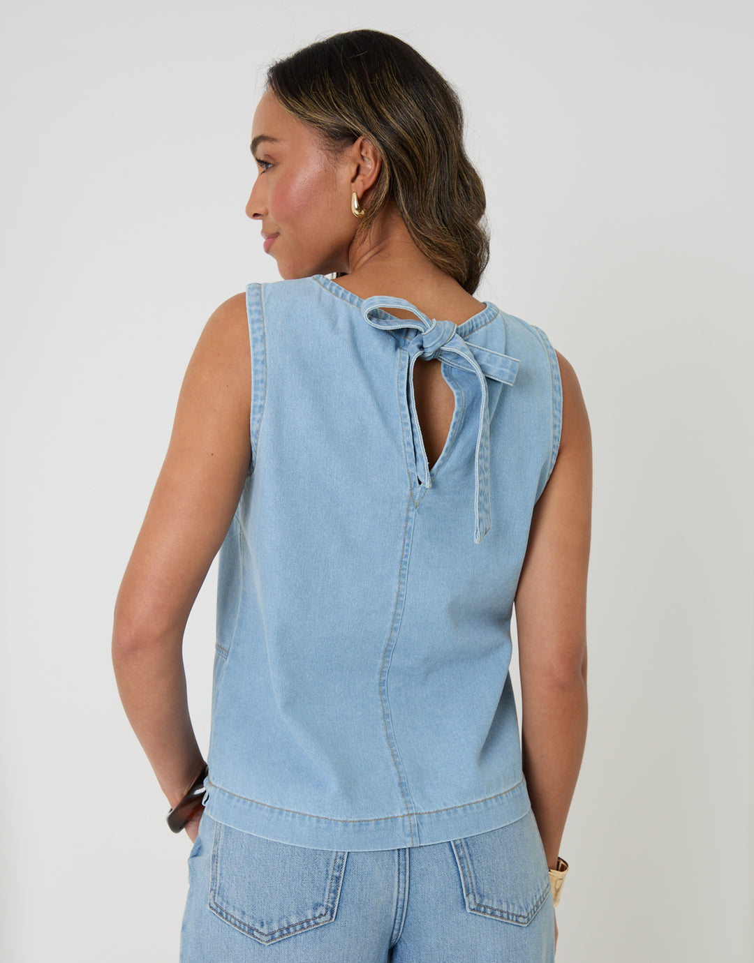 Threadbare Denim Tie-Back Shell Top in Light Wash - back view