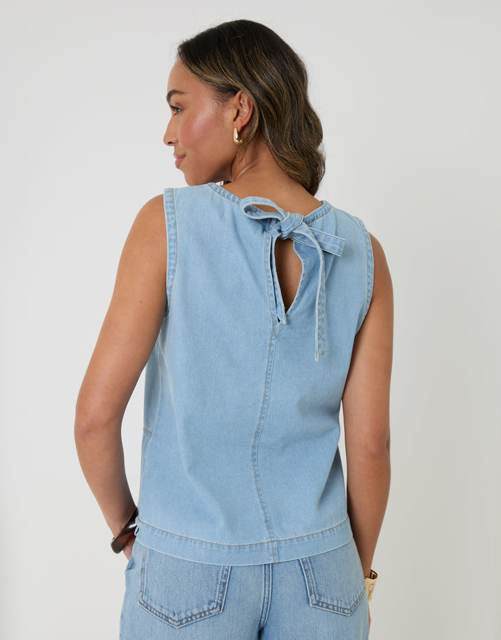 Threadbare Denim Tie-Back Shell Top in Light Wash - back view