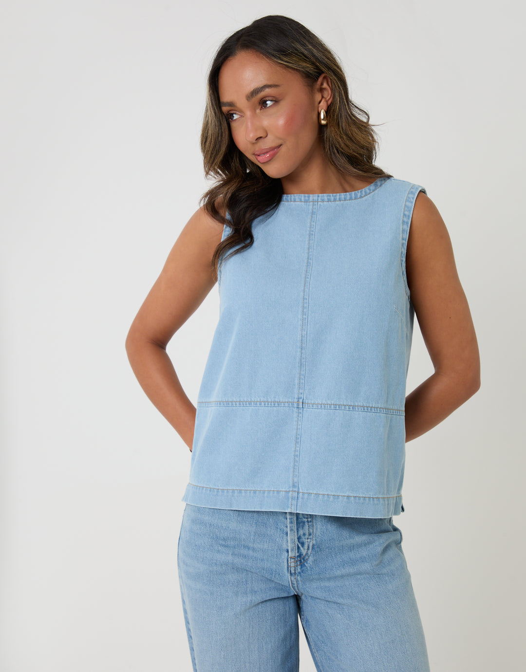 Threadbare Denim Tie-Back Shell Top in Light Wash - front view hands behind back