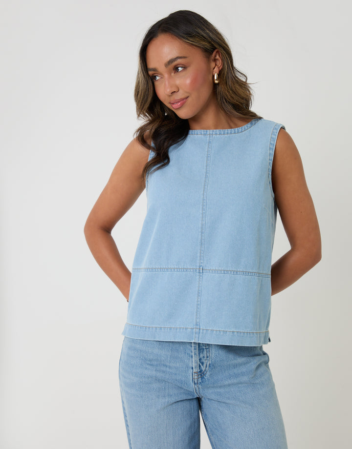 Threadbare Denim Tie-Back Shell Top in Light Wash - front view hands behind back