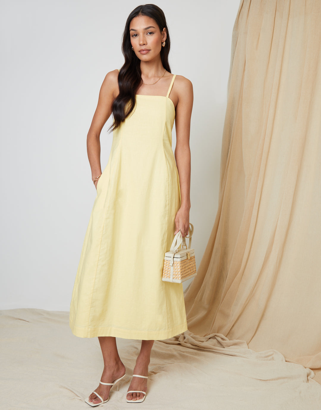 Yellow Linen Blend Square Neck Midi Dress