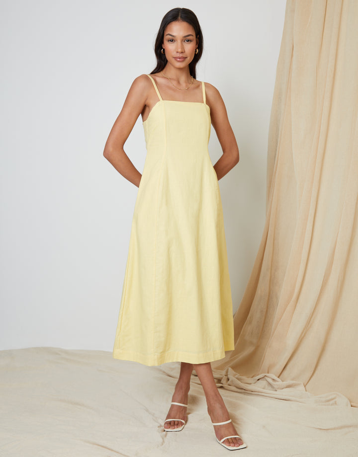 Yellow Linen Blend Square Neck Midi Dress