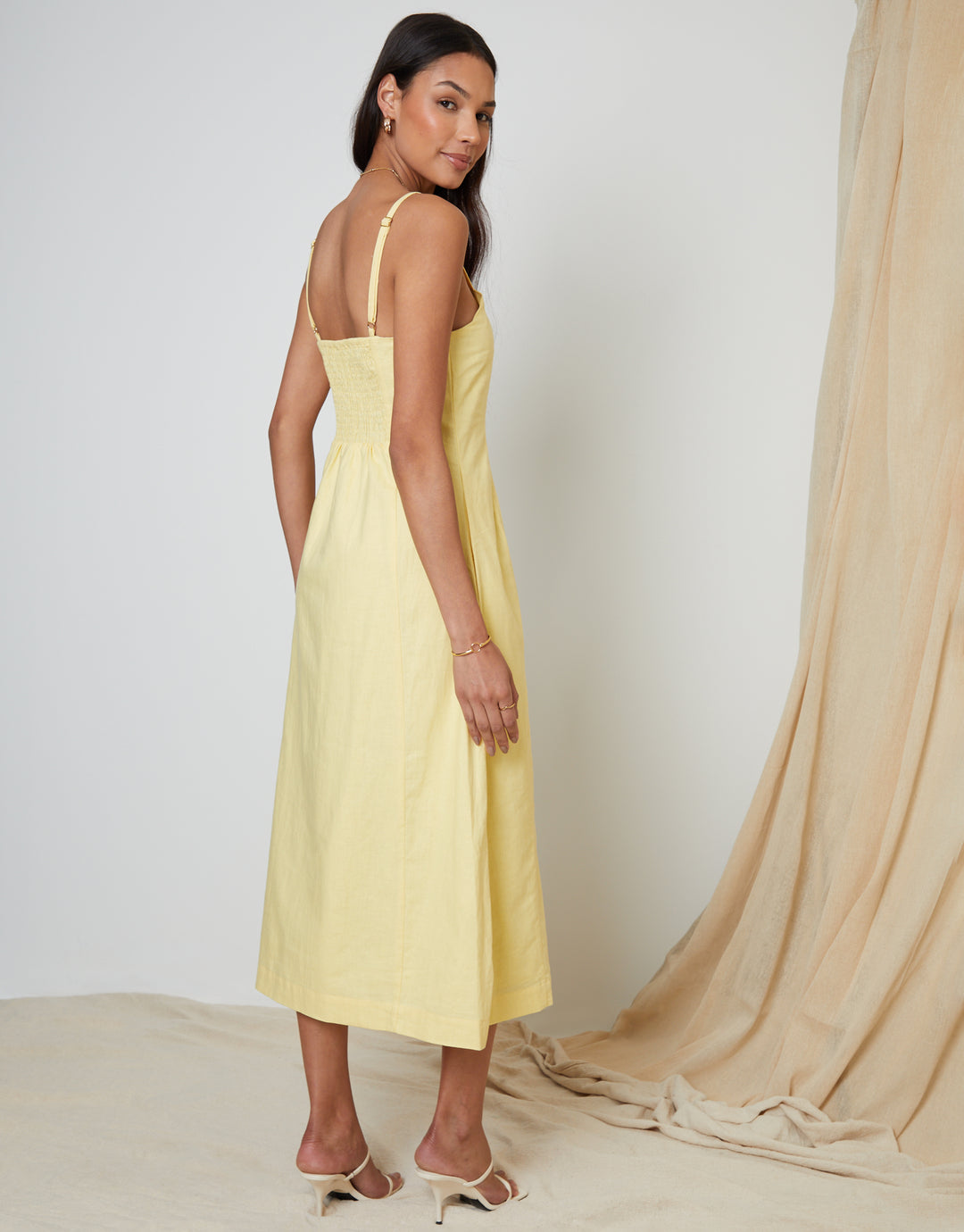 Yellow Linen Blend Square Neck Midi Dress