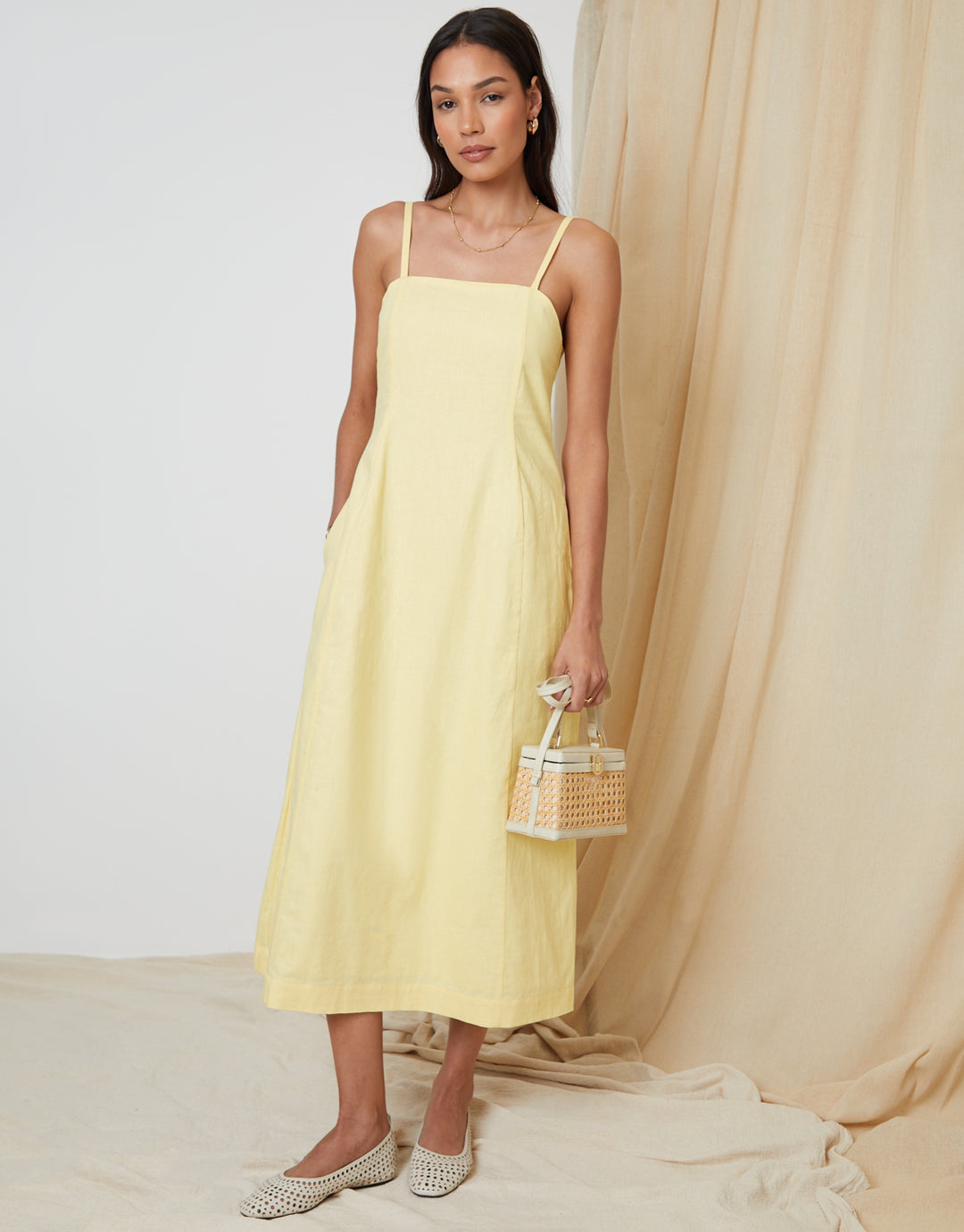 Yellow Linen Blend Square Neck Midi Dress