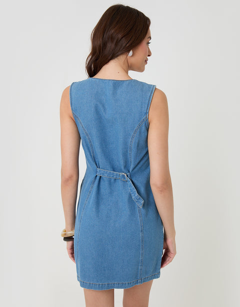 Threadbare Waistcoat Denim Mini Dress in Mid Wash - back view
