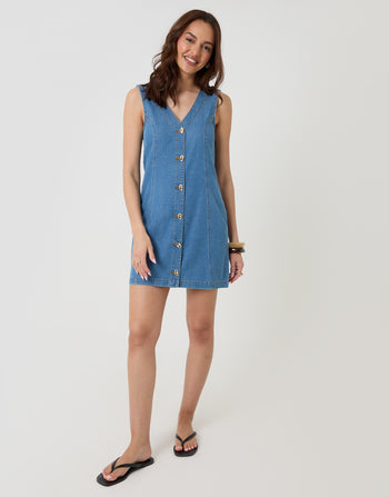 Threadbare Waistcoat Denim Mini Dress in Mid Wash - full body