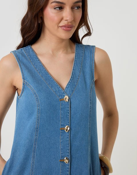 Threadbare Waistcoat Denim Mini Dress in Mid Wash - neckline close up