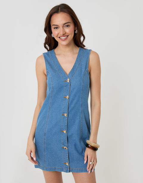 Threadbare Waistcoat Denim Mini Dress in Mid Wash - front view