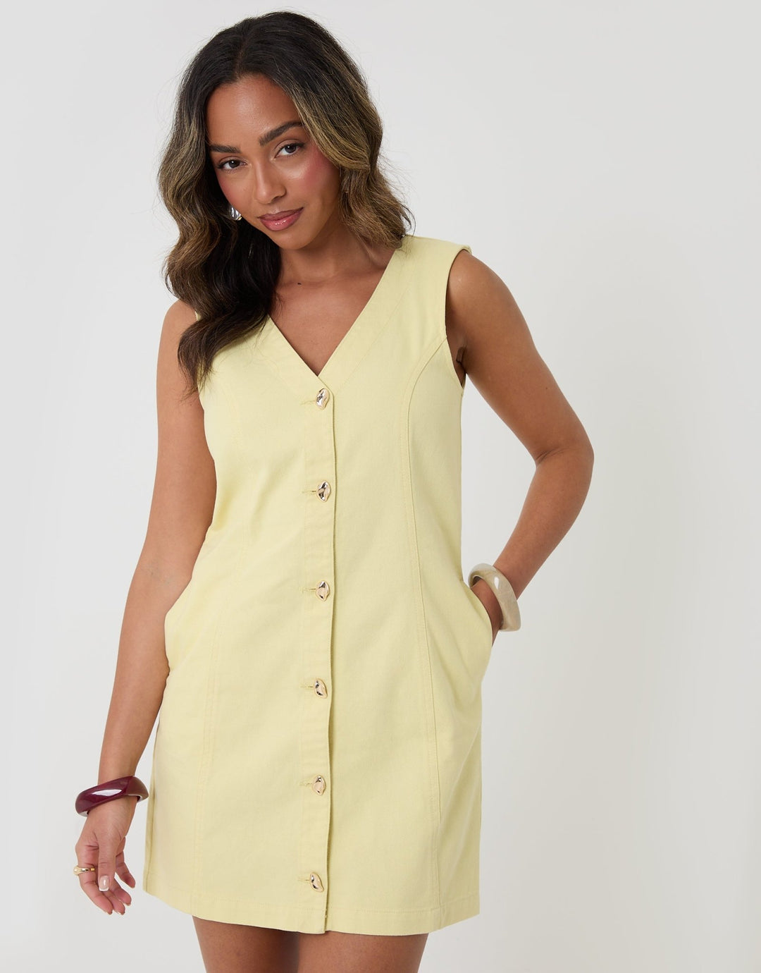 Threadbare Women's Denim Mini Pinafore Dress in Yellow