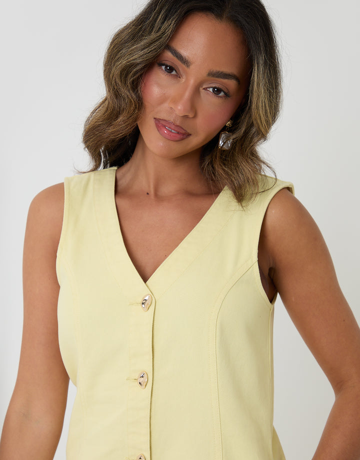 Threadbare Denim V-Neck Mini Pinafore Dress in Yellow - neckline close up