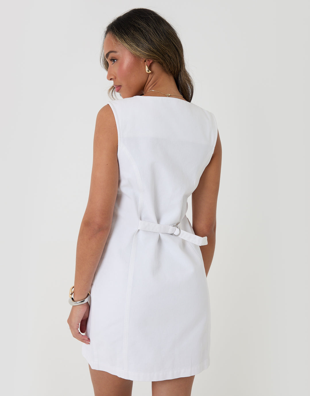 Threadbare Waistcoat Denim Mini Dress in White - back view