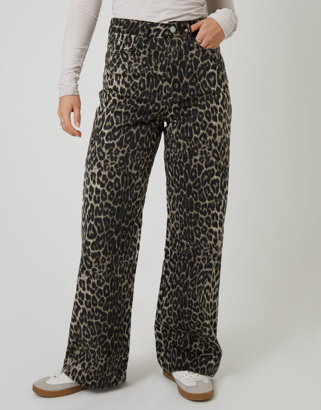 Leopard Print Wide Leg Denim Jeans