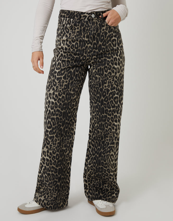 Leopard Print Wide Leg Denim Jeans