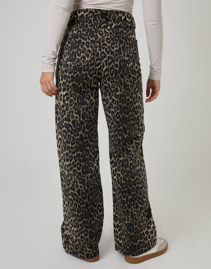 Leopard Print Wide Leg Denim Jeans
