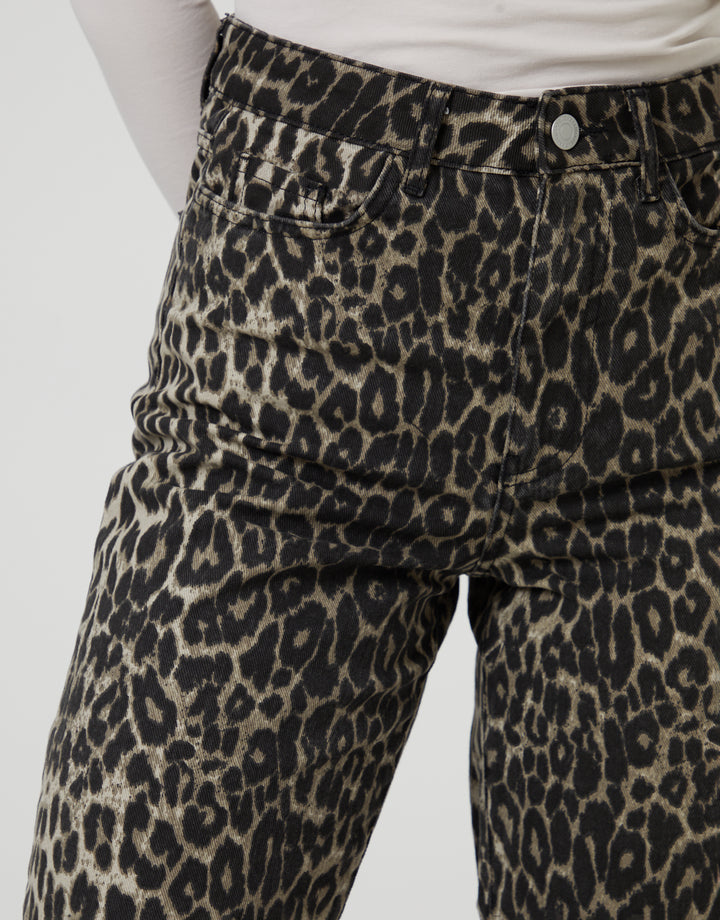 Leopard Print Wide Leg Denim Jeans