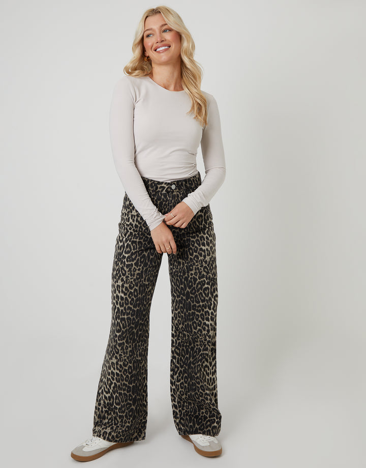 Leopard Print Wide Leg Denim Jeans