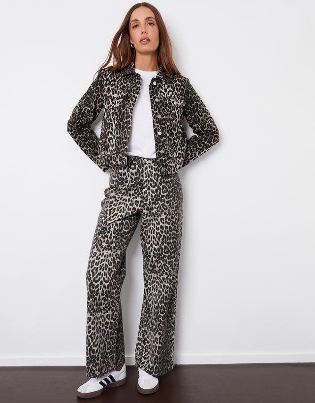 Women's Leopard Print Wide Leg Denim Jeans